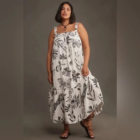 Anthropologie Square-Neck Waistless Hawaiian Floral Midi Maxi Pocket Dress - Picture 1 of 14